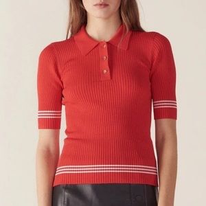 RARE! NWT Sandro Eleonora red ribbed knit polo short sleeve top - sz 2 (aka S-M)